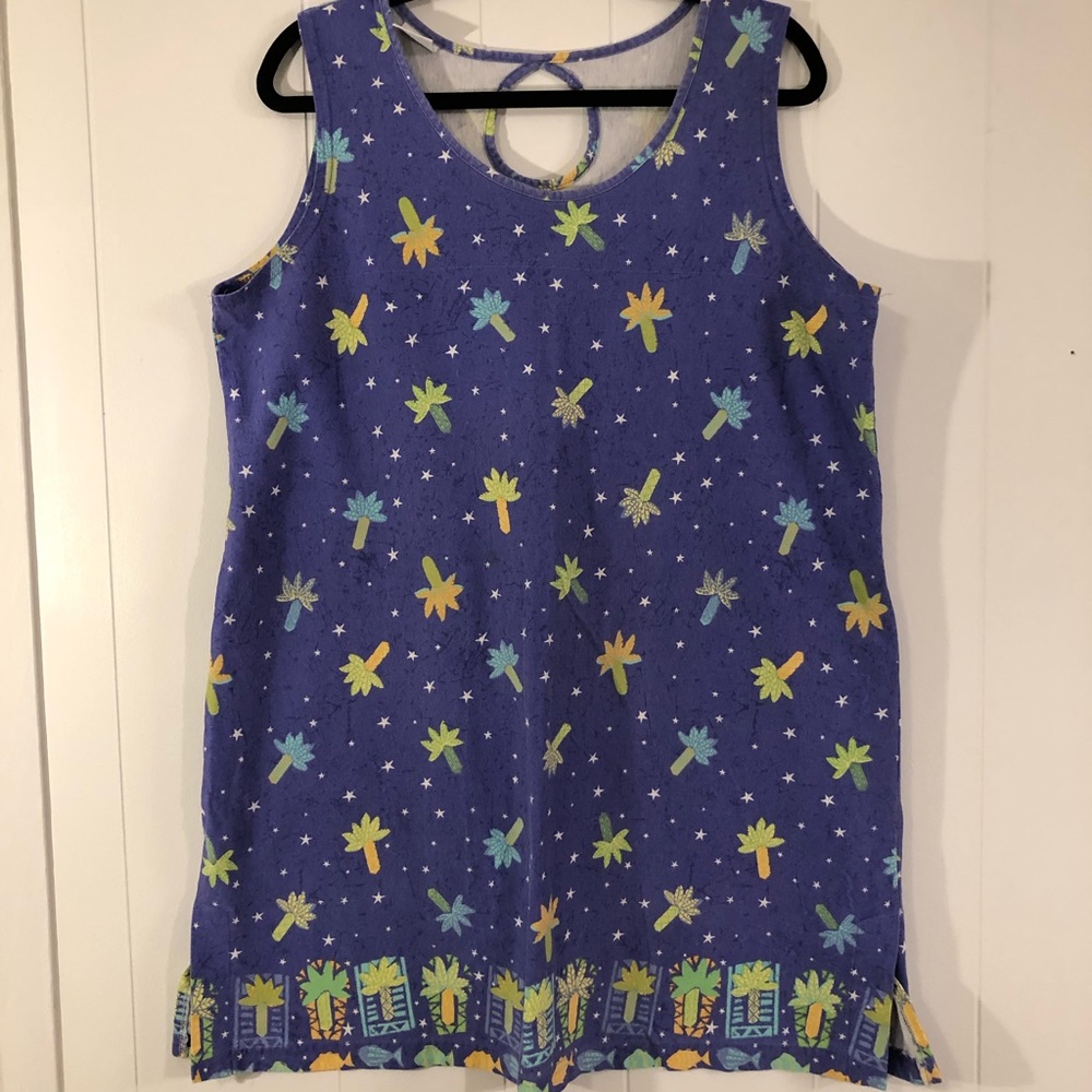 On White Palm Tree Pattern Purple Sleeveless Cotton Dress Cover Up XL